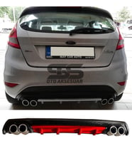 Ford Fiesta Mk7 Difüzör Arka Tampon Eki 4 Egzoz Çıkışlı Kırmızı Lüx Tip