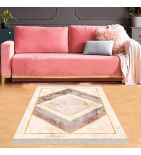 Geometrik Karo Desenli Dijital Baskı Yıkanabilir Kaymaz Taban Modern Salon Halısı ve Yolluk (Bej)