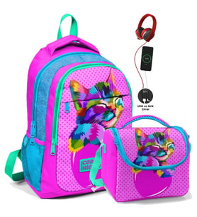 Coral High İlk ve Orta Okul ve Beslenme Çantası Seti - Kız Çocuk Pembe Sevimli Kedi - USB Soketli