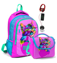 Coral High İlk ve Orta Okul ve Beslenme Çantası Seti - Kız Çocuk Pembe Sevimli Kedi - USB Soketli