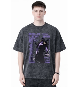 Solo Leveling Arise Sung Jin Woo Anime Baskılı Unisex Oversize Eskitme Yıkamalı Tişört