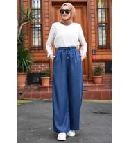 1105-Lastikli Denim Pantolon Koyu Mavi