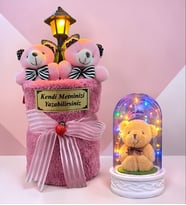 Kişiye Özel Sokak Lambalı Peluş Ayıcık Buketi ve Renkli Işıklı Fanus Seti (Model 4)