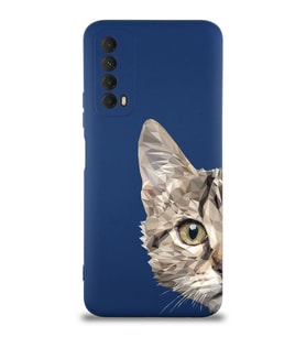 Huawei P Smart 2021 Uyumlu Lansman Kılıf Catface Tasarımlı İçi Kadife Kapak-Lacivert (Şeffaf)