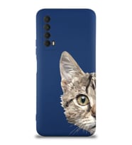 Huawei P Smart 2021 Uyumlu Lansman Kılıf Catface Tasarımlı İçi Kadife Kapak-Lacivert (Şeffaf)