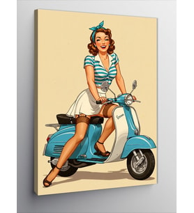 Kanvas Tablo Retro Mavi Scooter Kadın