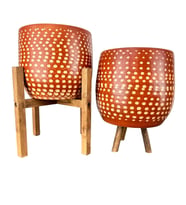 Bitki Tasarımı Beyaz Nokta Desenli Toprak Saksı Saksılık Salon Çiçeklik İkili Set 3 Ayaklı- 4 Ayaklı- 19 CM