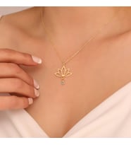 925 Ayar Gümüş Mavi Sallantılı Taşlı Lotus Kolye (Gold)