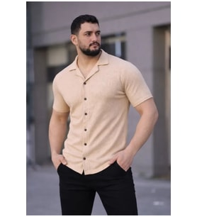 Erkek Waffle Kumaş Kısa Kollu Düğmeli Açık Yaka Regular Fit Gömlek - Bej