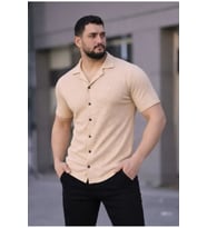 Erkek Waffle Kumaş Kısa Kollu Düğmeli Açık Yaka Regular Fit Gömlek - Bej
