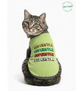 SUPERSTAR Desenli Kedi ve Köpek Kıyafeti– Renkli Sevimli Evcil Hayvan Tişörtü Elbisesi , Farklı Renklerde (Yeşil)