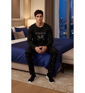 Erkek Oyun Baskılı Bisiklet Yaka Uzun Kollu Pijama Fonksiyonel Dayanıklı Kaliteli Konforlu