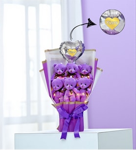 Kişiye Özel Led Işıklı Kalpli Balonlu Mor Peluş Ayıcık Buketi Ayıcıklı Peluş Buket Model 4