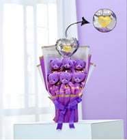 Kişiye Özel Led Işıklı Kalpli Balonlu Mor Peluş Ayıcık Buketi Ayıcıklı Peluş Buket Model 4