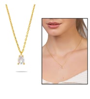 Faset Zirkon Tek Taşlı Gold Renk 925 Ayar Gümüş Kadın Kolye