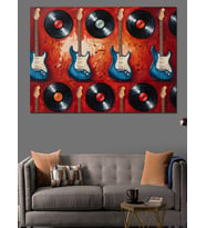 Gitarlar Ve Plaklar Müzik Kolajı Dekoratif Kanvas - Mdf Ahşap Tablo
