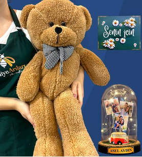Sizlere Özel 3 Fotoğraflı, İsimli Işıklı Fanus ve Büyük Boy Kahve Peluş Ayıcık - Kişiselleştirilmiş Set (Model 6)