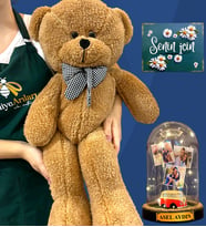 Sizlere Özel 3 Fotoğraflı, İsimli Işıklı Fanus ve Büyük Boy Kahve Peluş Ayıcık - Kişiselleştirilmiş Set (Model 6)