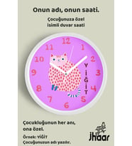 İsme Özel Kedi Çocuk Odası Duvar Saati Orta Boy 30 cm Beyaz Camlı Sessiz