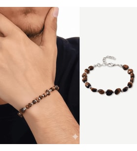 Gümüş Renk Metal Zincirli Dorika Top Süslemeli Amorf Kaplan Gözü Doğaltaş Erkek Bileklik