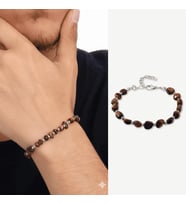 Gümüş Renk Metal Zincirli Dorika Top Süslemeli Amorf Kaplan Gözü Doğaltaş Erkek Bileklik