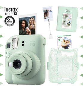 Instax mini 12 Yeşil Fotoğraf Makinesi-10'lu Film-Kıskaçlı Stand-PVC Albüm ve Simli Pleksi Kılıf Seti