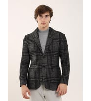Siyah Erkek Slim Fit Ekose Desenli Casual Mono Yaka Ceket
