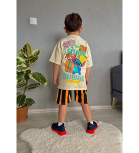 Cg Kids Stitch Hawai Baskılı Erkek Çocuk Tshirt Şort Alt Üst Takım Sırt Baskı Detaylı (Krem)