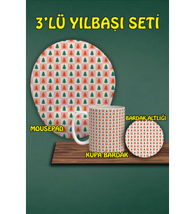 Yılbaşı Temalı 3'lü Bilek Destekli Mousepad Kupa ve Bardak Altlığı Seti