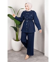 Taş Detaylı Kuşaklı Denim Tesettür Takım Koyu Mavi
