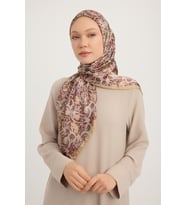 Schaless Etnik Bahar - Pudra - Aurora Desenli Janjan Eşarp - 90x90 Cm (Bordo)