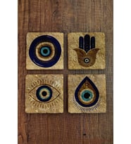Doğal Taş Bardak Altlığı 4'lü Set 10x10x1 Cm Nazar Boncuğu Desenli Stone Coasters