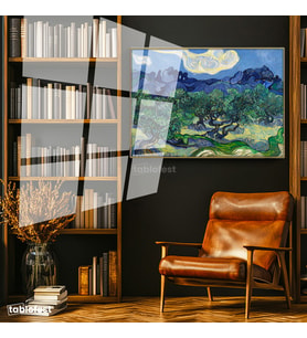 Altın Renk Metal Çerçeveli Tamperli Cam Tablo Van Gogh Zeytin Ağaçları Mavi Dağlar Bulutlu Ressam Tablosu Duvar Dekoru