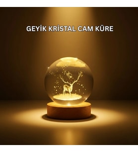 USB Bağlantılı Geyik Temalı Kristal Küre Premium Masa Gece Lambası
