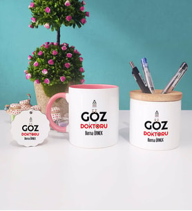 Göz Doktoru Kupa Bardak Pembe Kalemlik ve Anahtarlık