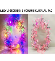 Kalp Püsküllü 3 Modlu LED Işıklı Taç Pembe Renk