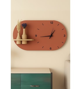 Modern Tasarım Raflı Nera Duvar Saati 75x45 (Kiremit)