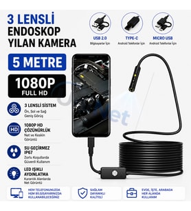 Uninet Türkiyede Ilk 5 Metre 3 Kameralı Android ve Bilgisayar Uyumlu Endoskop Yılan Kamera 1080P Full Hd