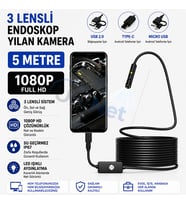 Uninet Türkiyede Ilk 5 Metre 3 Kameralı Android ve Bilgisayar Uyumlu Endoskop Yılan Kamera 1080P Full Hd