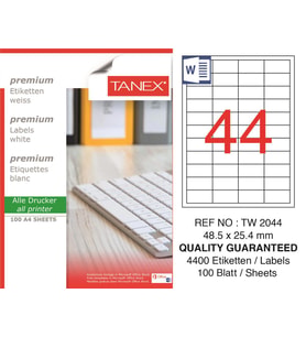 Tanex Lazer Etiket tw-2044 100 A4 Sayfa Laser Etiket 48,5 x 25,4 mm Boyutunda 1 A4 Sayfada 44 Etiket