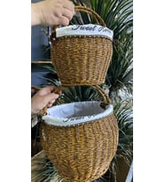 2 Li Sentetik Rattan Örme Sepet (Kahverengi)