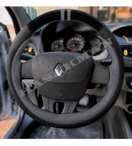 Renault Fluence Dikme Direksiyon Kılıfı Parlak Siyah Gri Detaylı Gri Çift Yüzük ve Dikiş 2009-2016