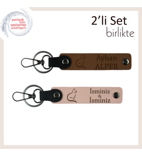Mırlayan Enerji Taşıyan, Kedi Figürlü, İsme Yazılabilir 2’li Deri Anahtarlık, Açık Kahve-Yavru Ağzı