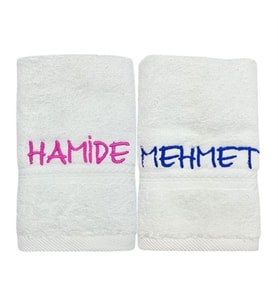 İsimli Nakışlı Beyaz Havlu 2 li set 