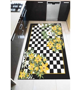 Sarı Kaymaz Tabanlı Yıkanabilir Çiçekli Mutfak Halısı AR1269
