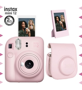 Instax mini 12 Pembe Fotoğraf Makinesi-Çerçeve ve Deri Kılıf Seti