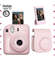 Instax mini 12 Pembe Fotoğraf Makinesi-Çerçeve ve Deri Kılıf Seti
