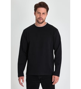 Erkek Siyah Çift Bisiklet Yaka Standart Rahat Kesim Sweatshirt