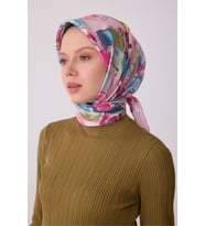 Belli Pembe Soyut Desen %100 Twill İpek Eşarp 4310-02