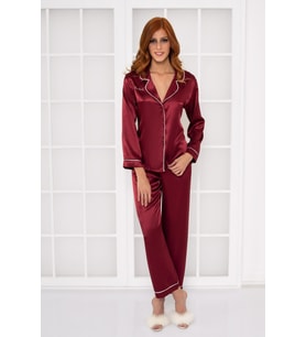 Kadın Saten Biyeli Pijama Takımı -1200 Bordo